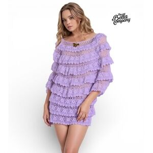 Crochet Mini Dress Sweater 2X Lavender Ruffled Boho Layering Piece